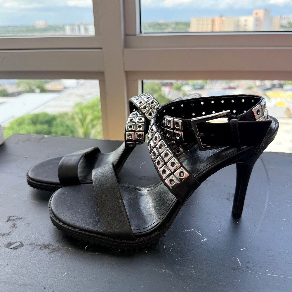 DKNY Black Strappy Sandals Womens 8.5 Studded Grommet Stiletto Heels Edgy Punk